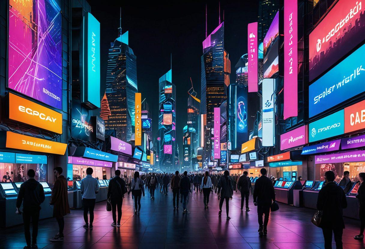 A futuristic city skyline at dusk, showcasing a diverse group of people using mobile devices and digital wallets in a vibrant marketplace. Highlight dynamic screens displaying transaction data and innovative payment technologies integrated into everyday life. Incorporate sleek payment kiosks and holographic ads promoting ECPay. The atmosphere should radiate excitement and innovation. cyberpunk. vibrant colors. super-realistic.