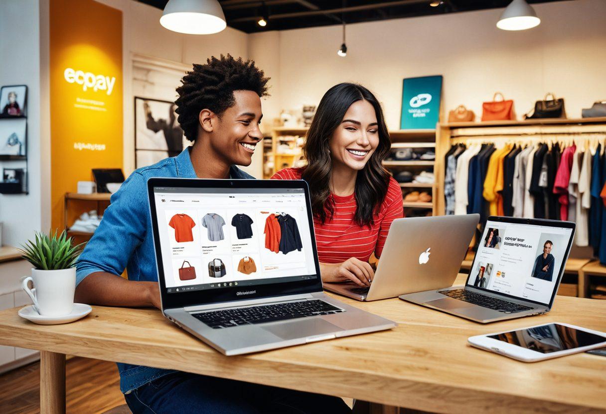 A sleek and modern digital storefront featuring a laptop displaying an ECPay payment interface, with smiling customers using their smartphones to complete transactions seamlessly. Surrounding the scene, a vibrant depiction of various online shopping experiences, such as browsing for clothes and electronics, with dynamic graphs showing increased sales. The background should convey a comfortable home setting with warm lighting, symbolizing convenience in online shopping. super-realistic. vibrant colors. modern design.