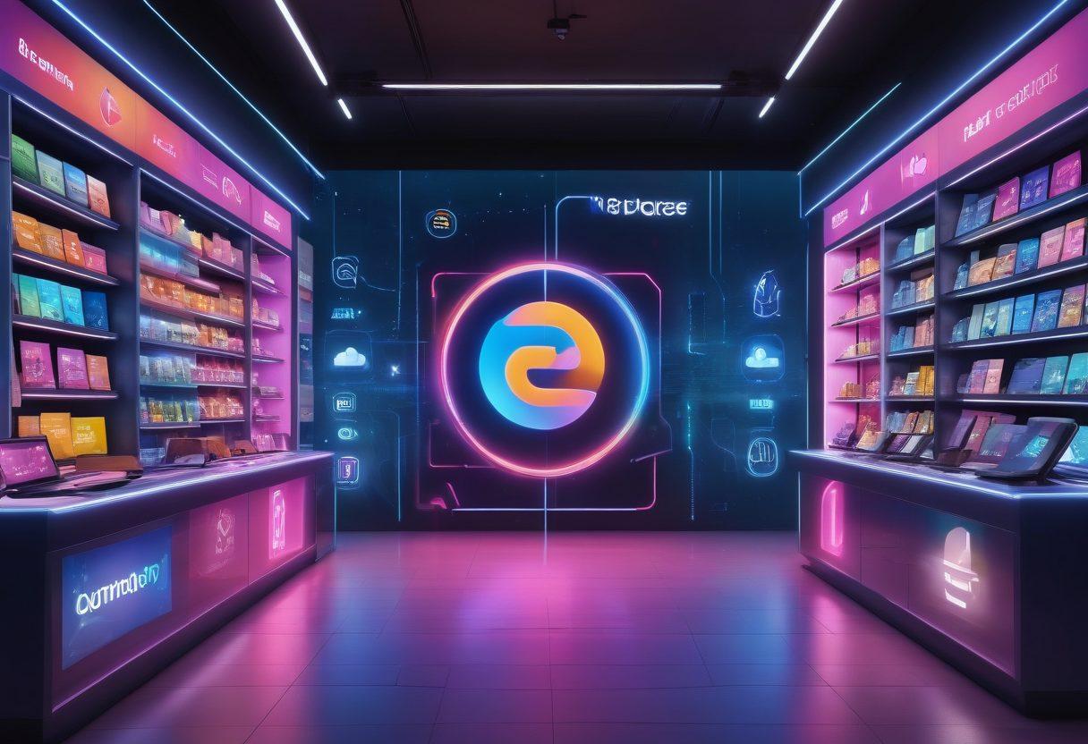 A futuristic digital storefront showcasing vibrant e-commerce icons and payment solutions, with a glowing ECPay logo at the center. Include elements like smartphones and tablets displaying transactions, shoppers with diverse looks engaging in online shopping, and a network of interconnected nodes symbolizing security and speed in payments. The background should feature abstract representations of technology. super-realistic. vibrant colors. 3D.